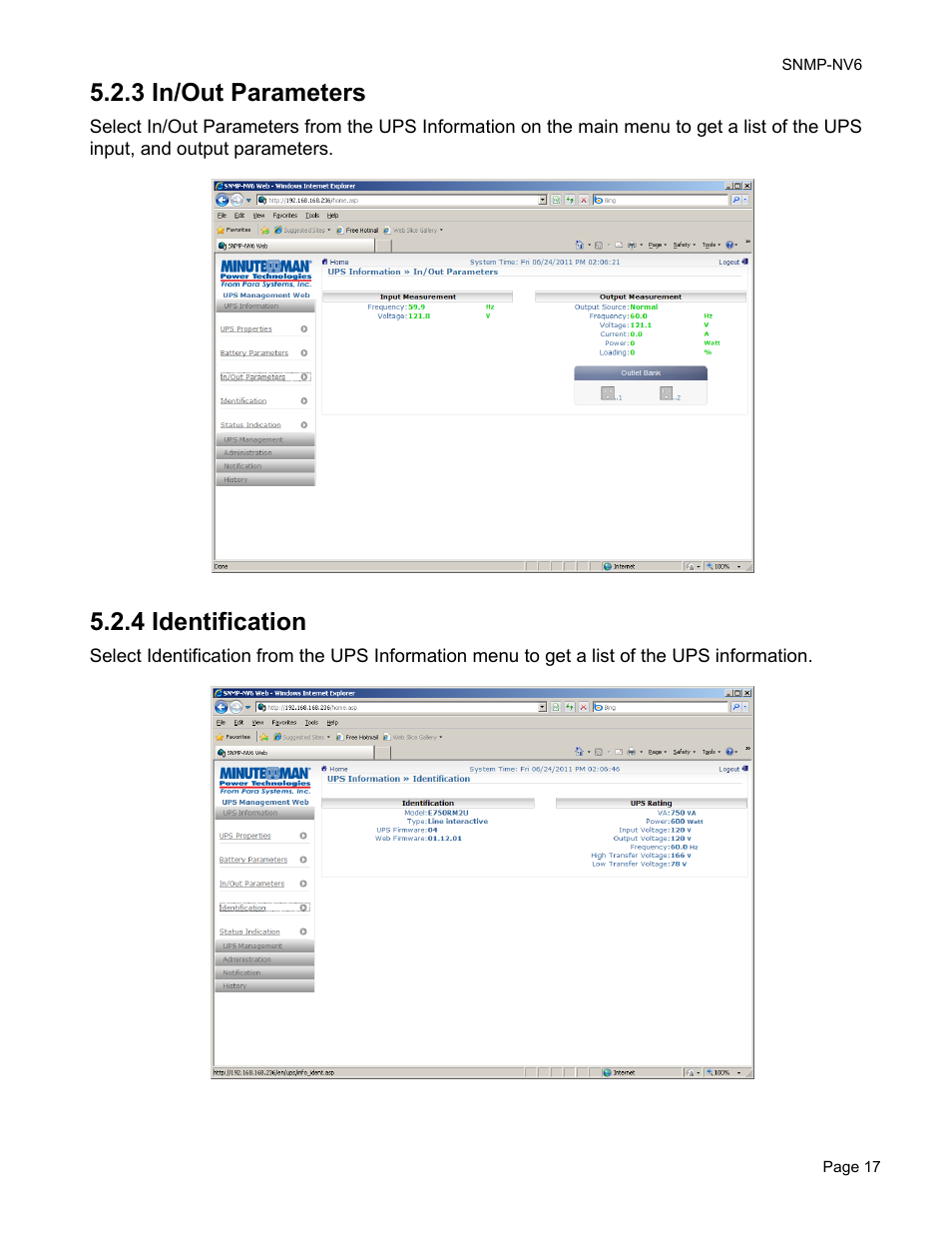 3 in/out parameters, 4 identification | Minuteman UPS PARA SYSTEMS SNMP-NV6 User Manual | Page 17 / 43