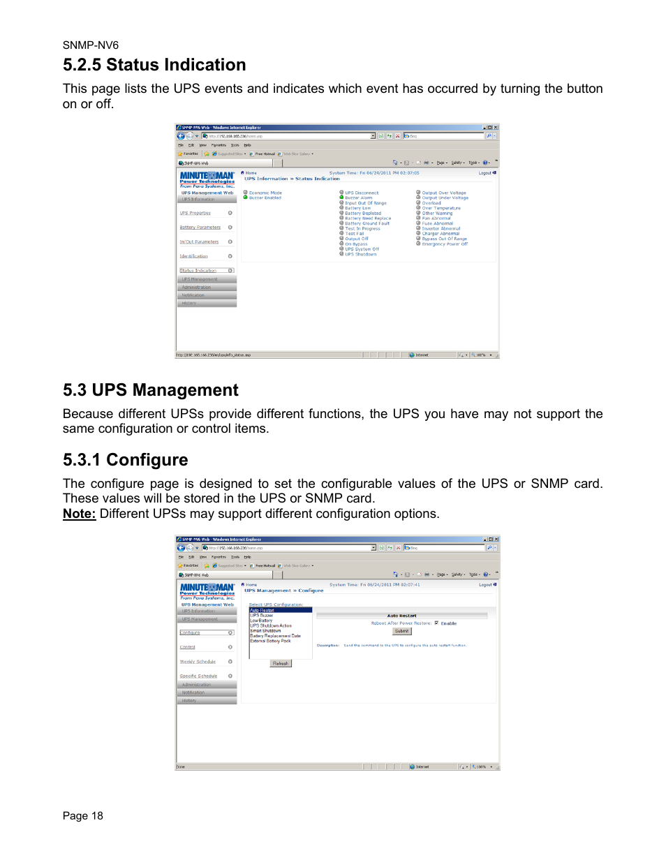 5 status indication, 3 ups management, 1 configure | Minuteman UPS PARA SYSTEMS SNMP-NV6 User Manual | Page 18 / 43