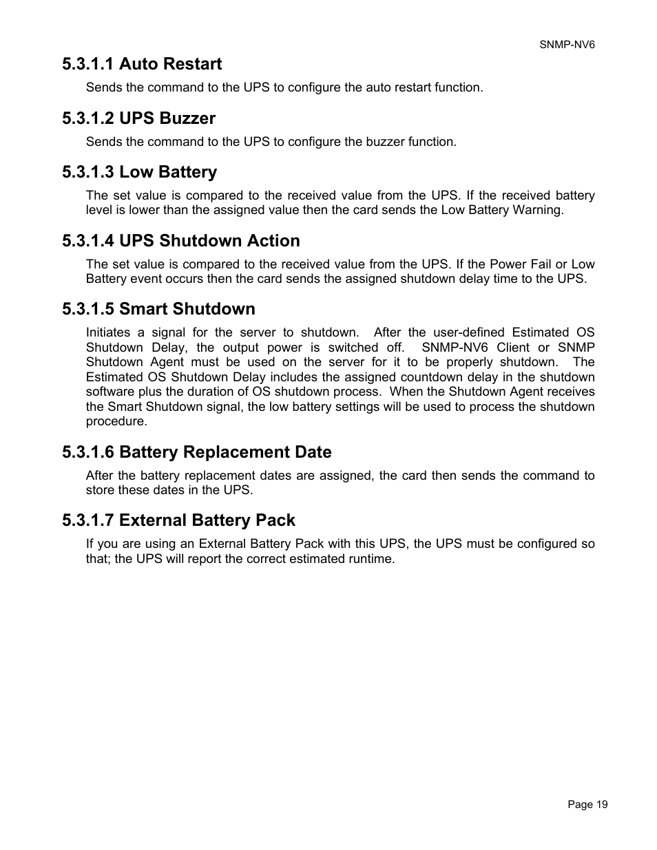 1 auto restart, 2 ups buzzer, 3 low battery | 4 ups shutdown action, 5 smart shutdown, 6 battery replacement date, 7 external battery pack | Minuteman UPS PARA SYSTEMS SNMP-NV6 User Manual | Page 19 / 43