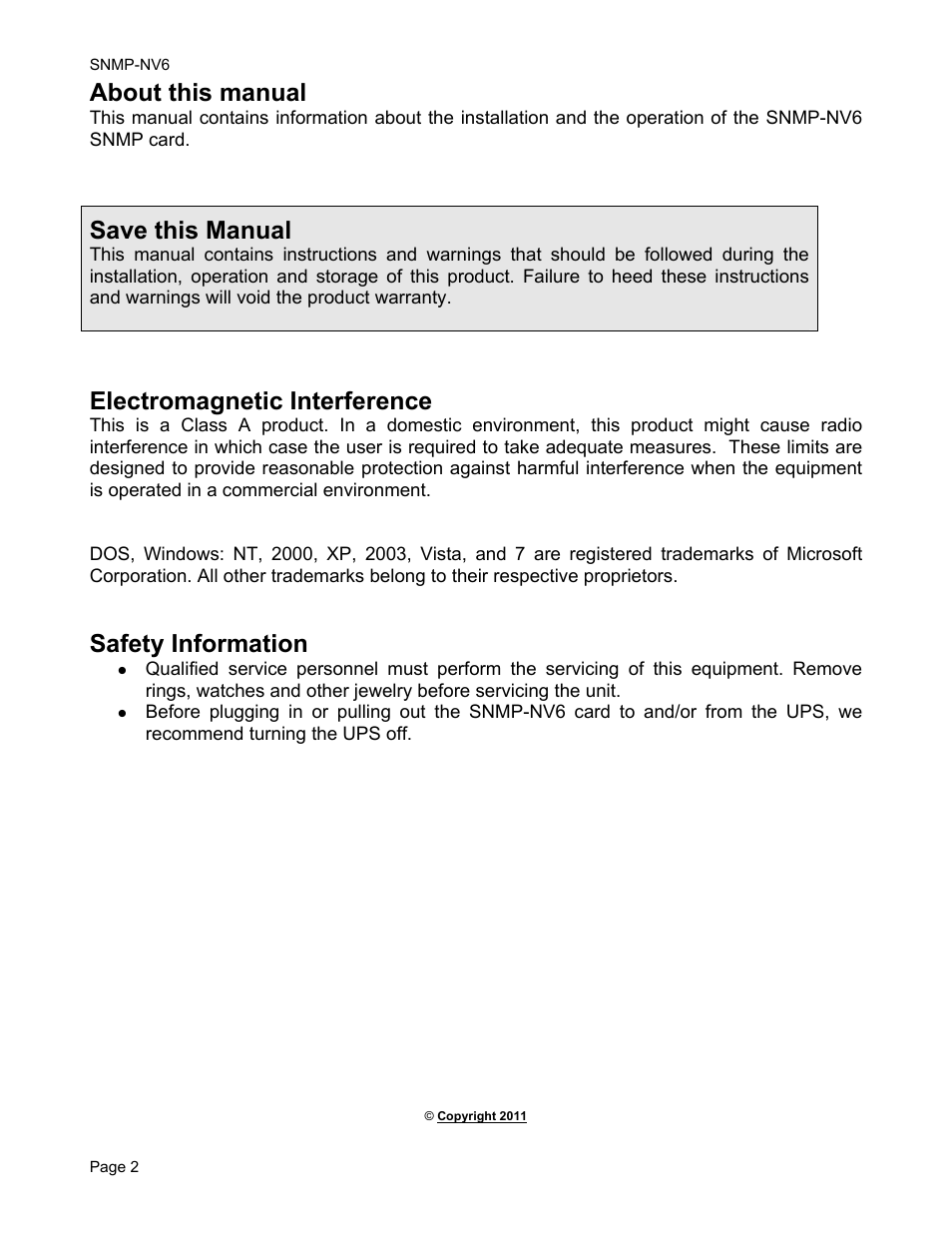 About this manual, Electromagnetic interference, Safety information | Save this manual | Minuteman UPS PARA SYSTEMS SNMP-NV6 User Manual | Page 2 / 43