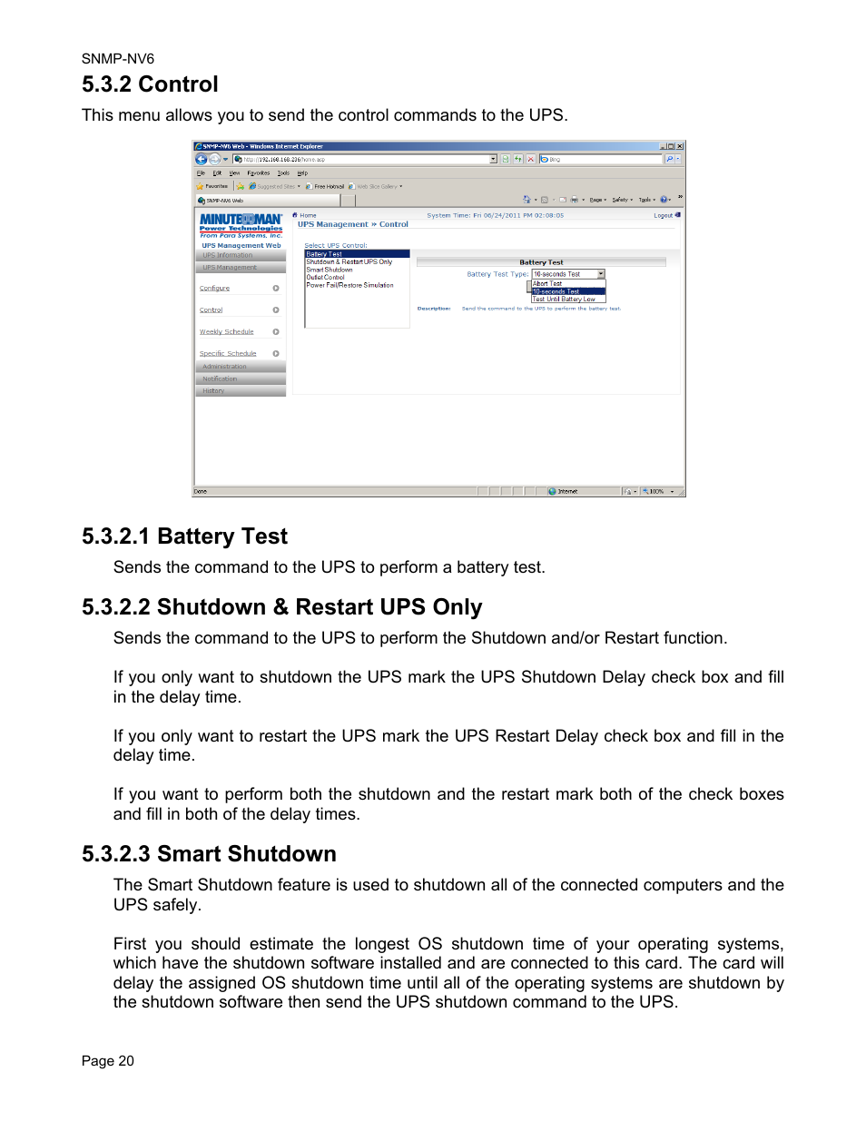 2 control, 1 battery test, 2 shutdown & restart ups only | 3 smart shutdown | Minuteman UPS PARA SYSTEMS SNMP-NV6 User Manual | Page 20 / 43