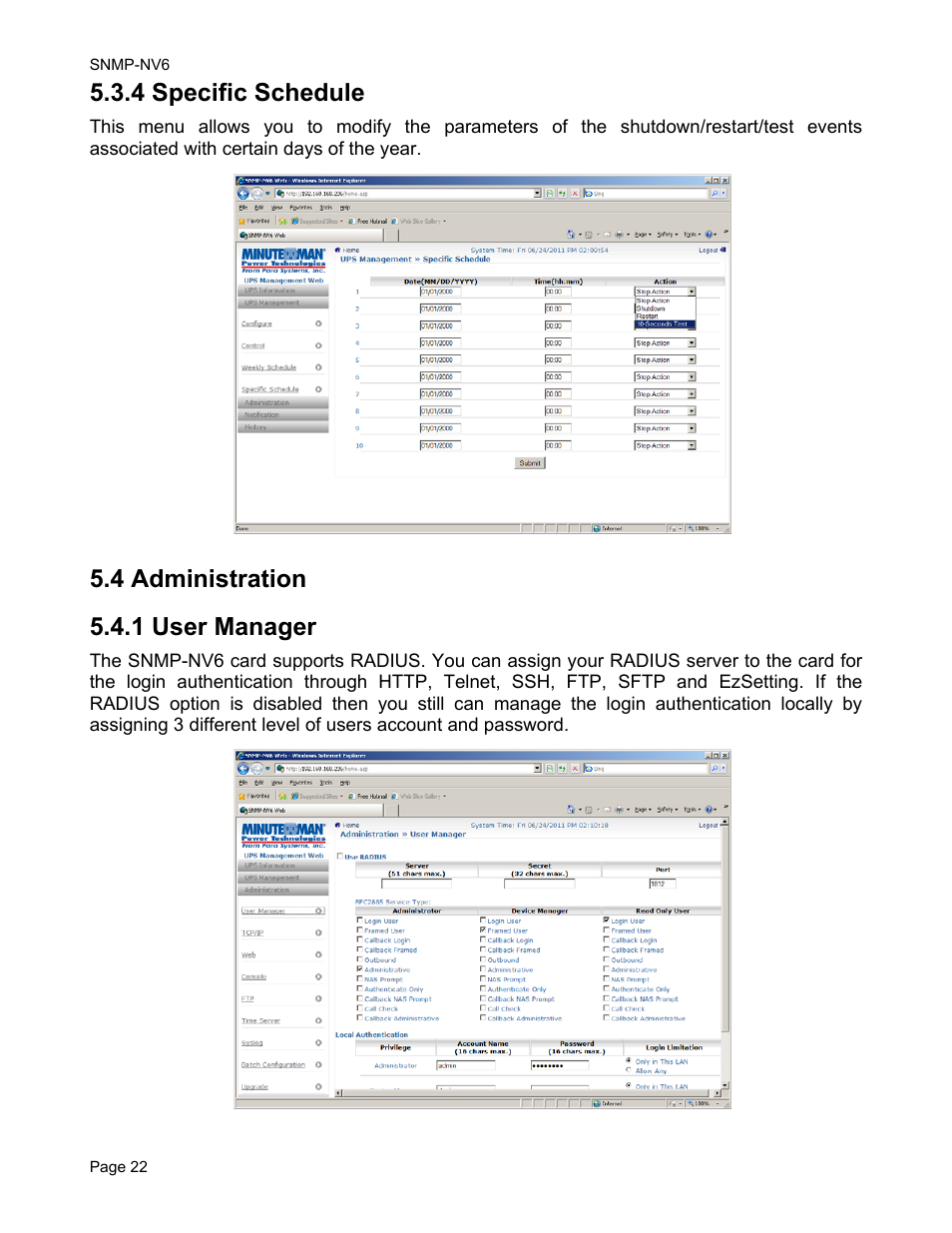 4 specific schedule, 4 administration 5.4.1 user manager | Minuteman UPS PARA SYSTEMS SNMP-NV6 User Manual | Page 22 / 43