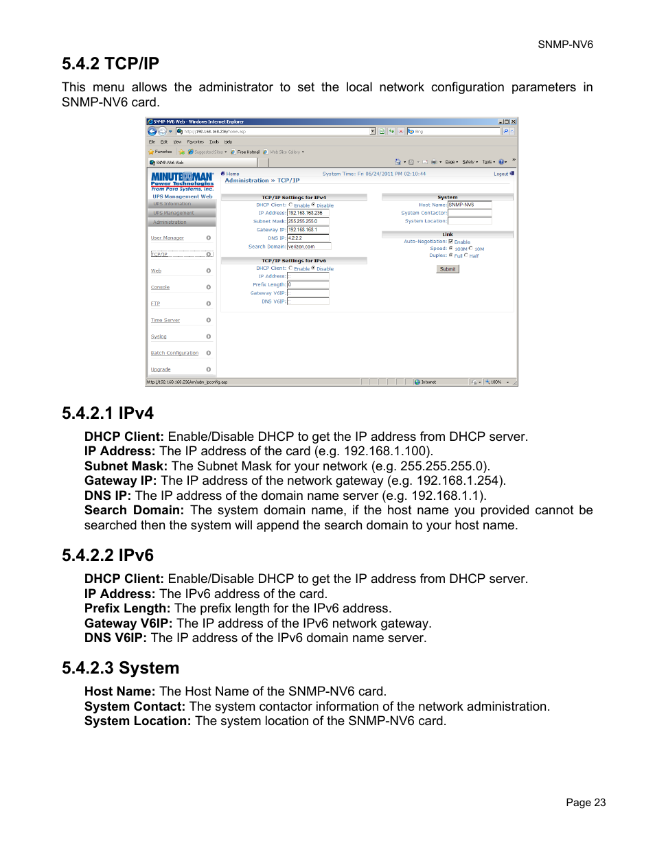 2 tcp/ip, 1 ipv4, 2 ipv6 | 3 system | Minuteman UPS PARA SYSTEMS SNMP-NV6 User Manual | Page 23 / 43