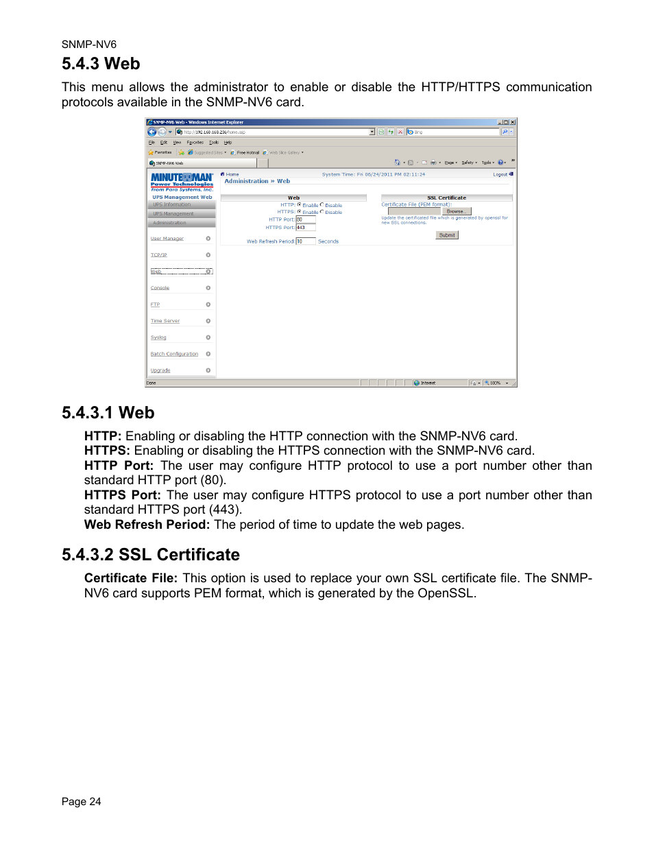 3 web, 1 web, 2 ssl certificate | Minuteman UPS PARA SYSTEMS SNMP-NV6 User Manual | Page 24 / 43