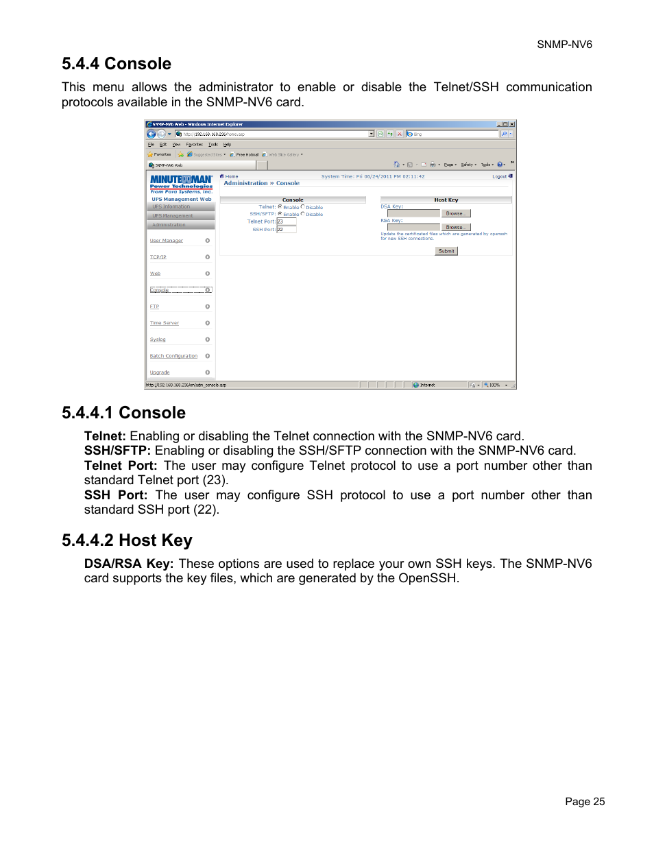 4 console, 1 console, 2 host key | Minuteman UPS PARA SYSTEMS SNMP-NV6 User Manual | Page 25 / 43