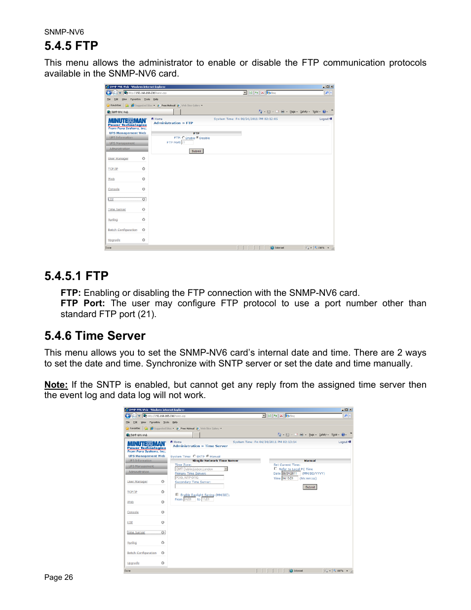 5 ftp, 1 ftp, 6 time server | Minuteman UPS PARA SYSTEMS SNMP-NV6 User Manual | Page 26 / 43