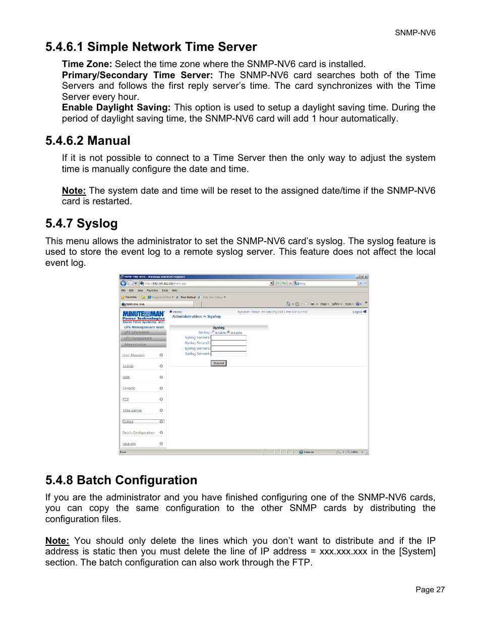 1 simple network time server, 2 manual, 7 syslog | 8 batch configuration | Minuteman UPS PARA SYSTEMS SNMP-NV6 User Manual | Page 27 / 43