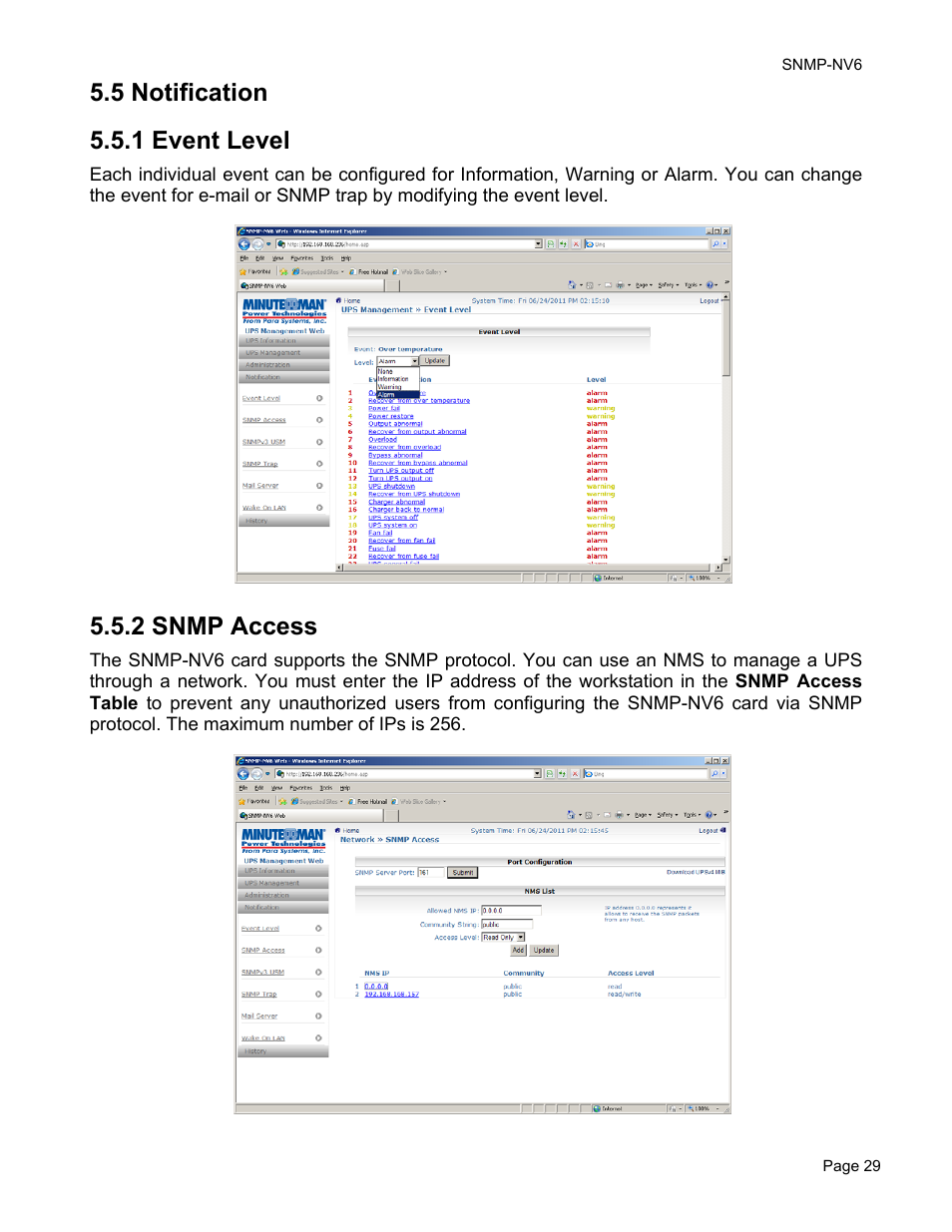 5 notification 5.5.1 event level, 2 snmp access | Minuteman UPS PARA SYSTEMS SNMP-NV6 User Manual | Page 29 / 43