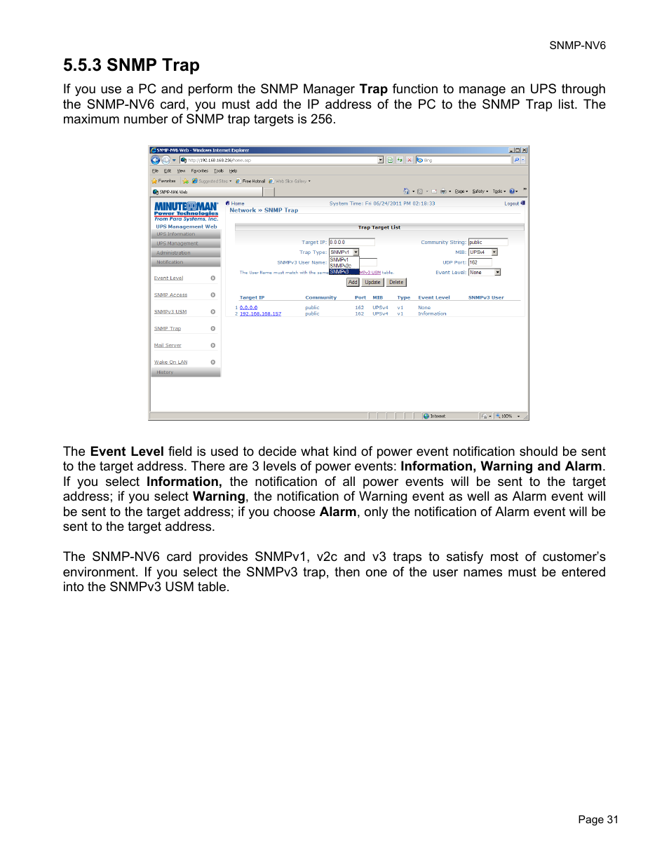 3 snmp trap | Minuteman UPS PARA SYSTEMS SNMP-NV6 User Manual | Page 31 / 43