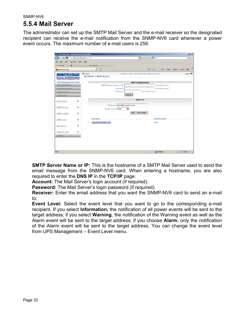 4 mail server | Minuteman UPS PARA SYSTEMS SNMP-NV6 User Manual | Page 32 / 43