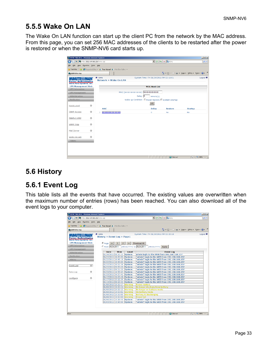 5 wake on lan, 6 history 5.6.1 event log | Minuteman UPS PARA SYSTEMS SNMP-NV6 User Manual | Page 33 / 43