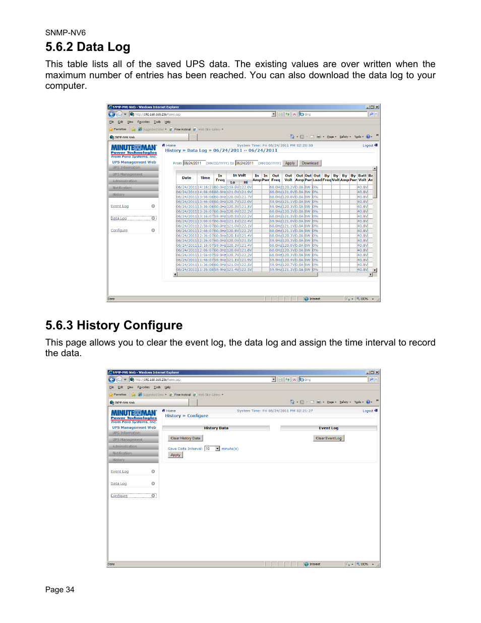 2 data log, 3 history configure | Minuteman UPS PARA SYSTEMS SNMP-NV6 User Manual | Page 34 / 43