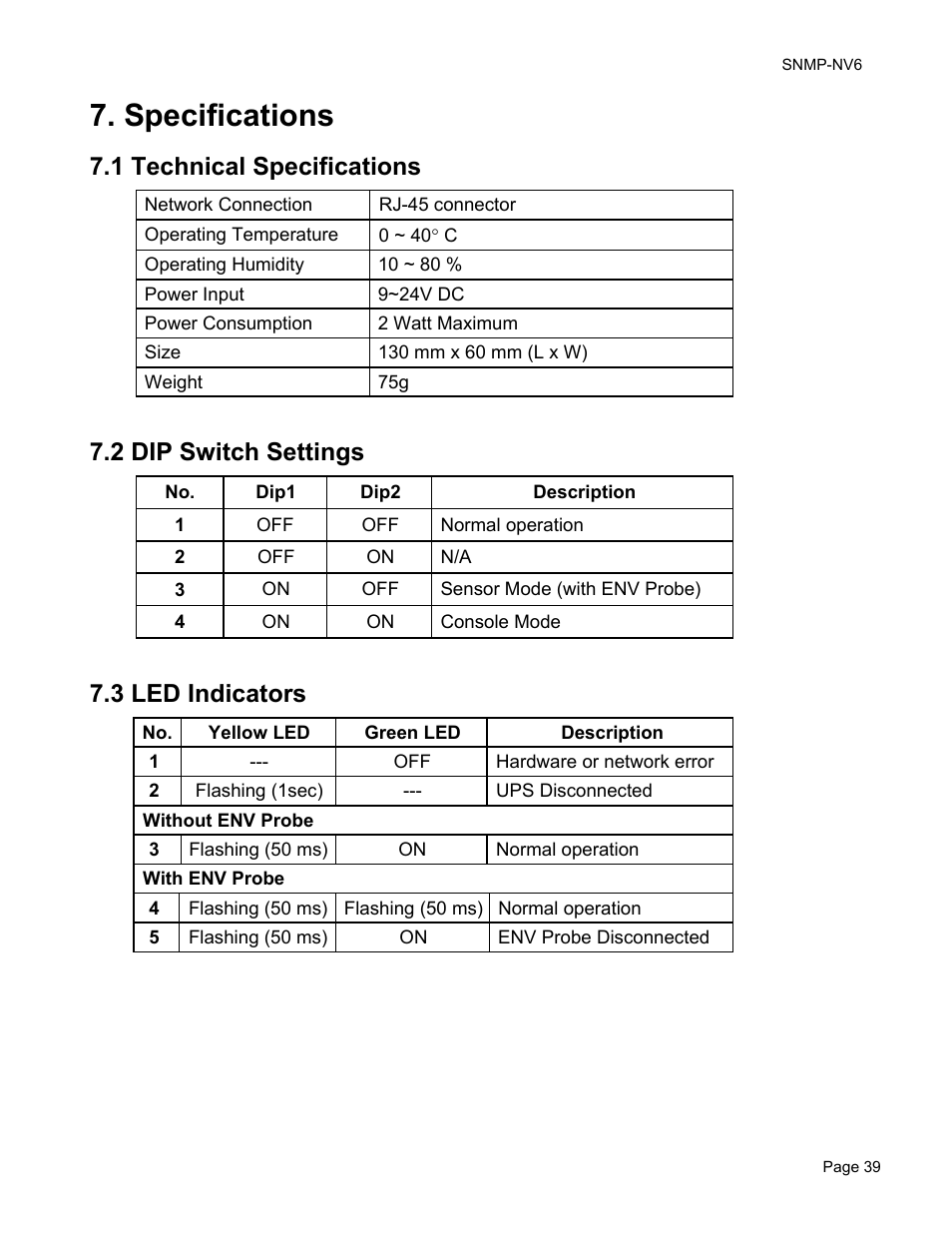 Specifications, 1 technical specifications, 2 dip switch settings | 3 led indicators | Minuteman UPS PARA SYSTEMS SNMP-NV6 User Manual | Page 39 / 43