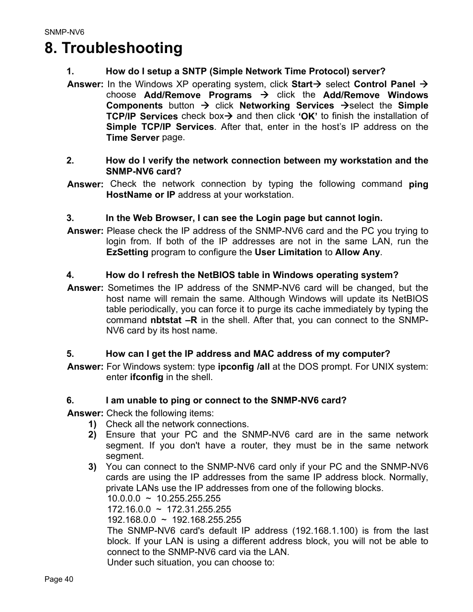 Troubleshooting | Minuteman UPS PARA SYSTEMS SNMP-NV6 User Manual | Page 40 / 43