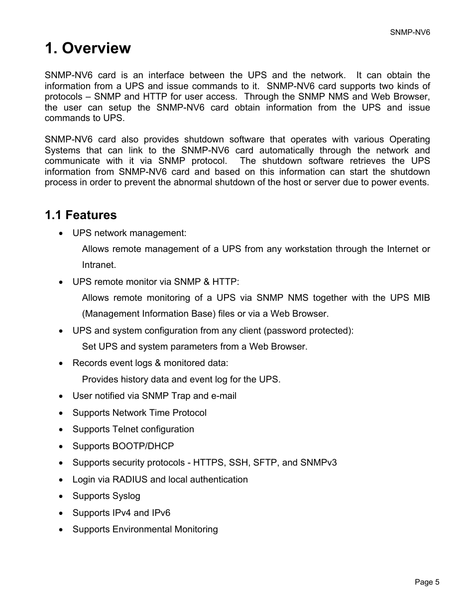 Overview, 1 features | Minuteman UPS PARA SYSTEMS SNMP-NV6 User Manual | Page 5 / 43