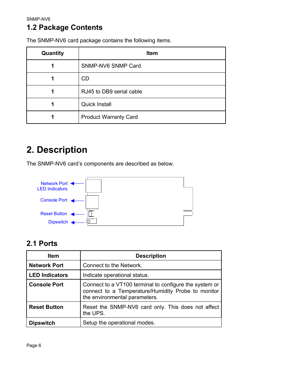 Description, 2 package contents, 1 ports | Minuteman UPS PARA SYSTEMS SNMP-NV6 User Manual | Page 6 / 43