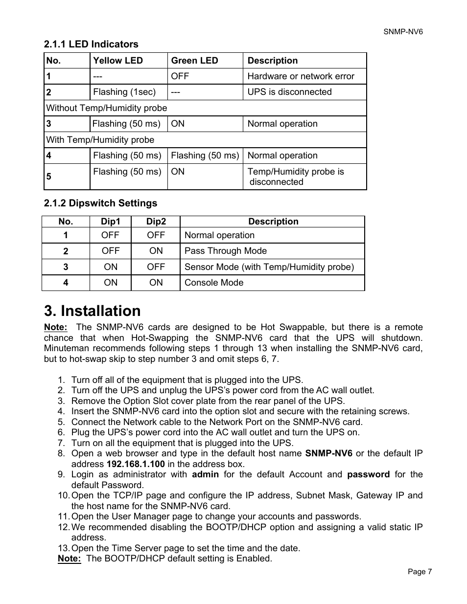 Installation | Minuteman UPS PARA SYSTEMS SNMP-NV6 User Manual | Page 7 / 43