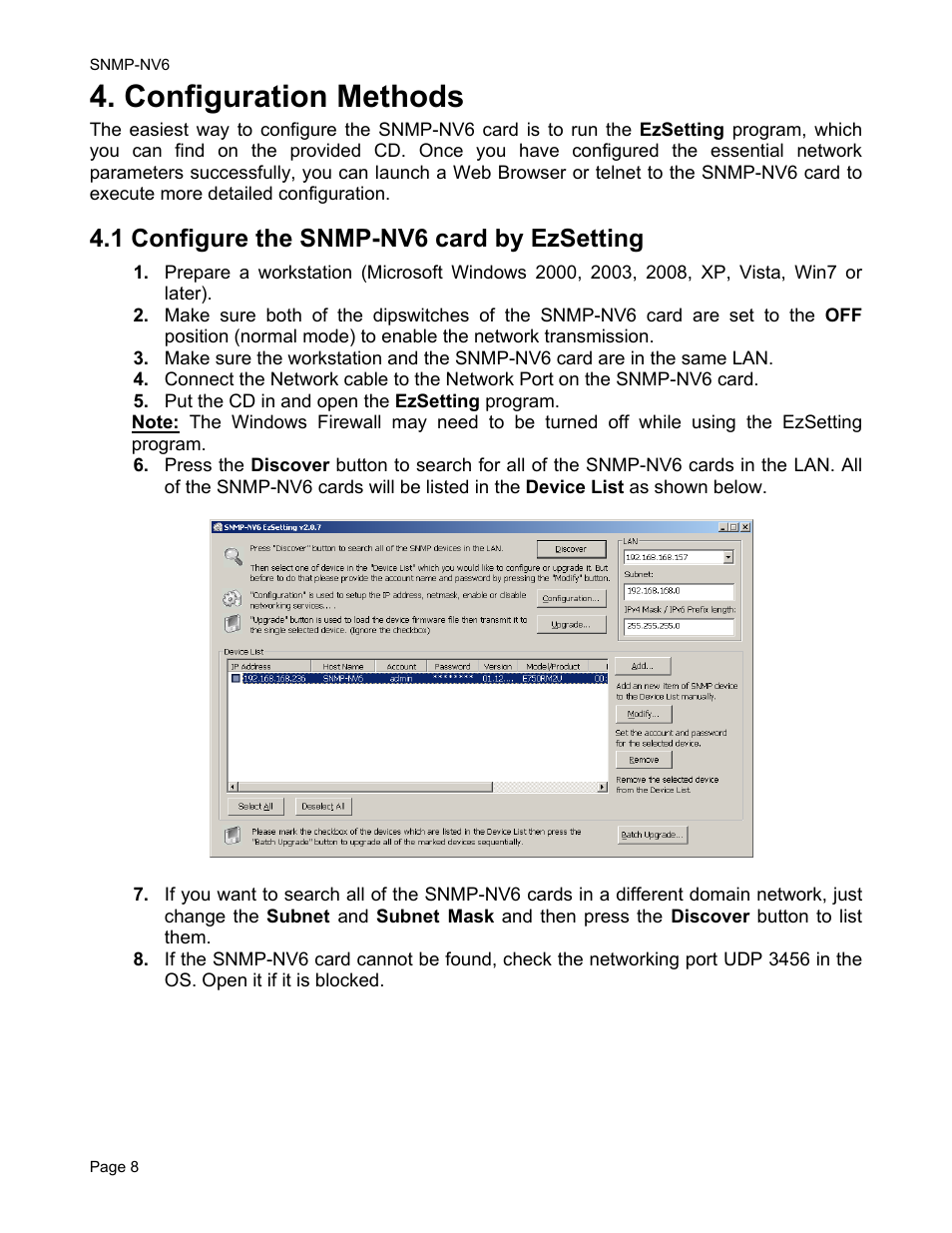 Configuration methods, 1 configure the snmp-nv6 card by ezsetting | Minuteman UPS PARA SYSTEMS SNMP-NV6 User Manual | Page 8 / 43