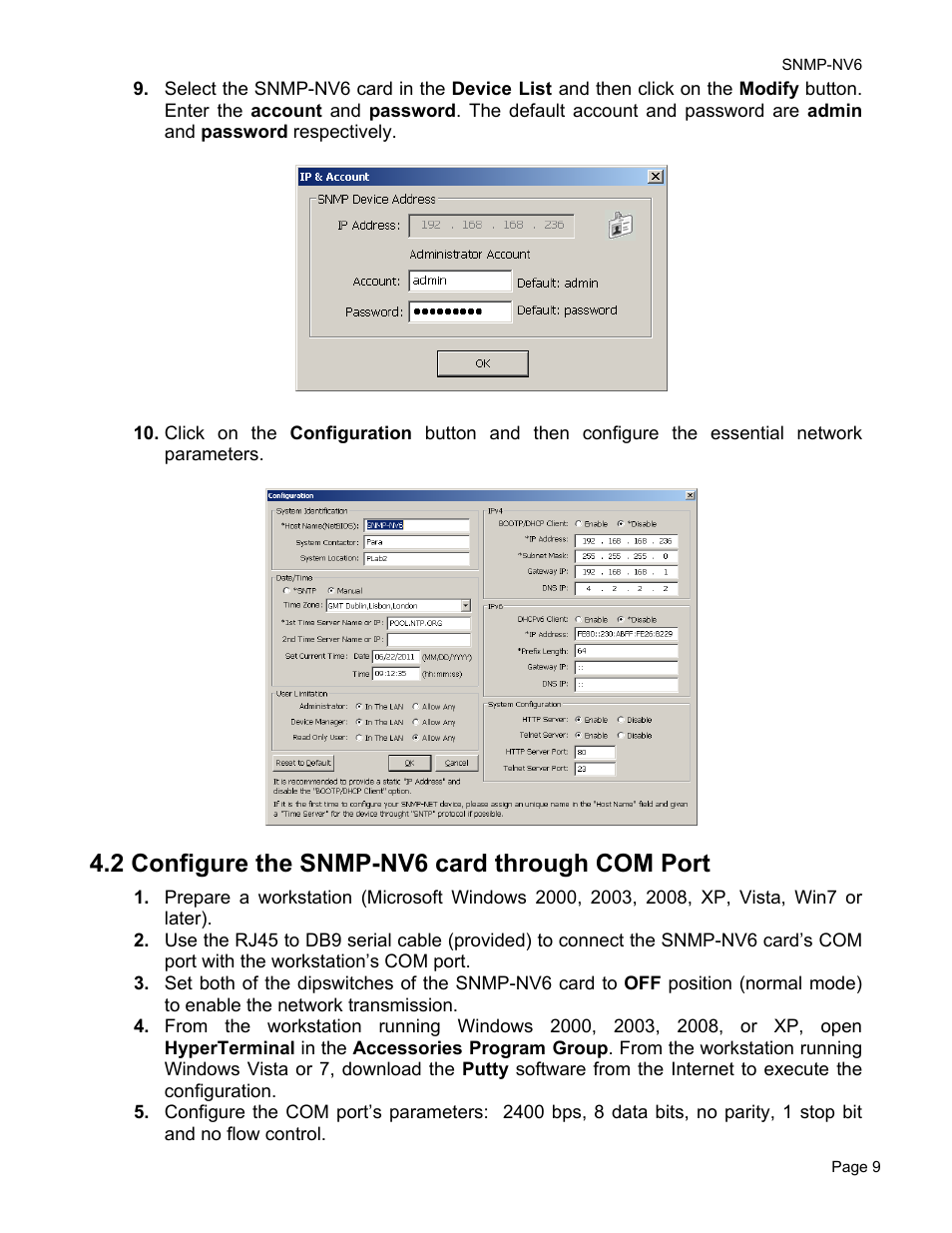 2 configure the snmp-nv6 card through com port | Minuteman UPS PARA SYSTEMS SNMP-NV6 User Manual | Page 9 / 43