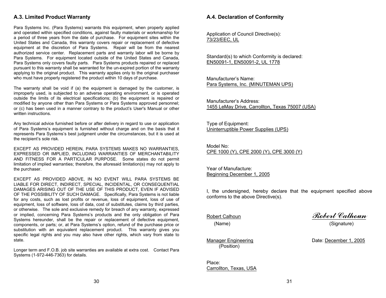 Robert calhoun | Minuteman UPS CPE 2000 User Manual | Page 17 / 17