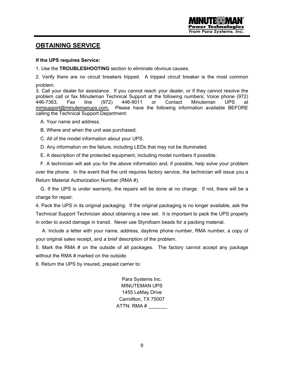 Obtaining service | Minuteman UPS MM-AVR User Manual | Page 10 / 12