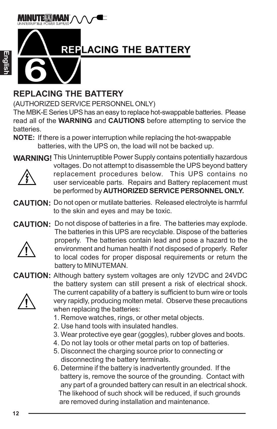 Replacing the battery | Minuteman UPS MBK-E SERIES User Manual | Page 13 / 25