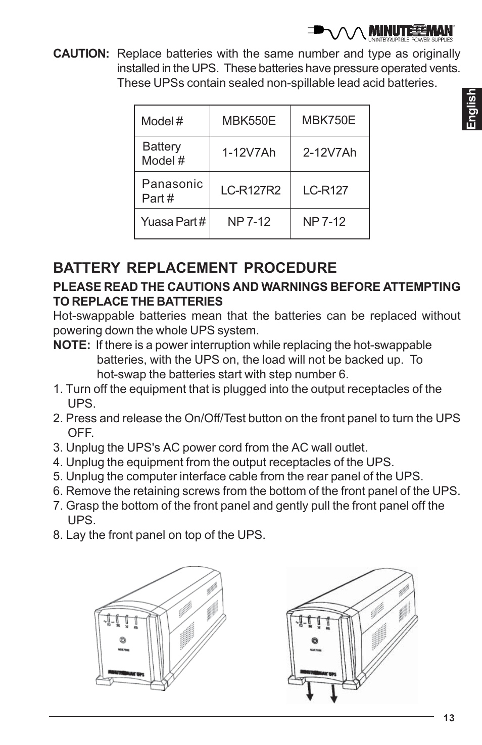 Battery replacement procedure | Minuteman UPS MBK-E SERIES User Manual | Page 14 / 25