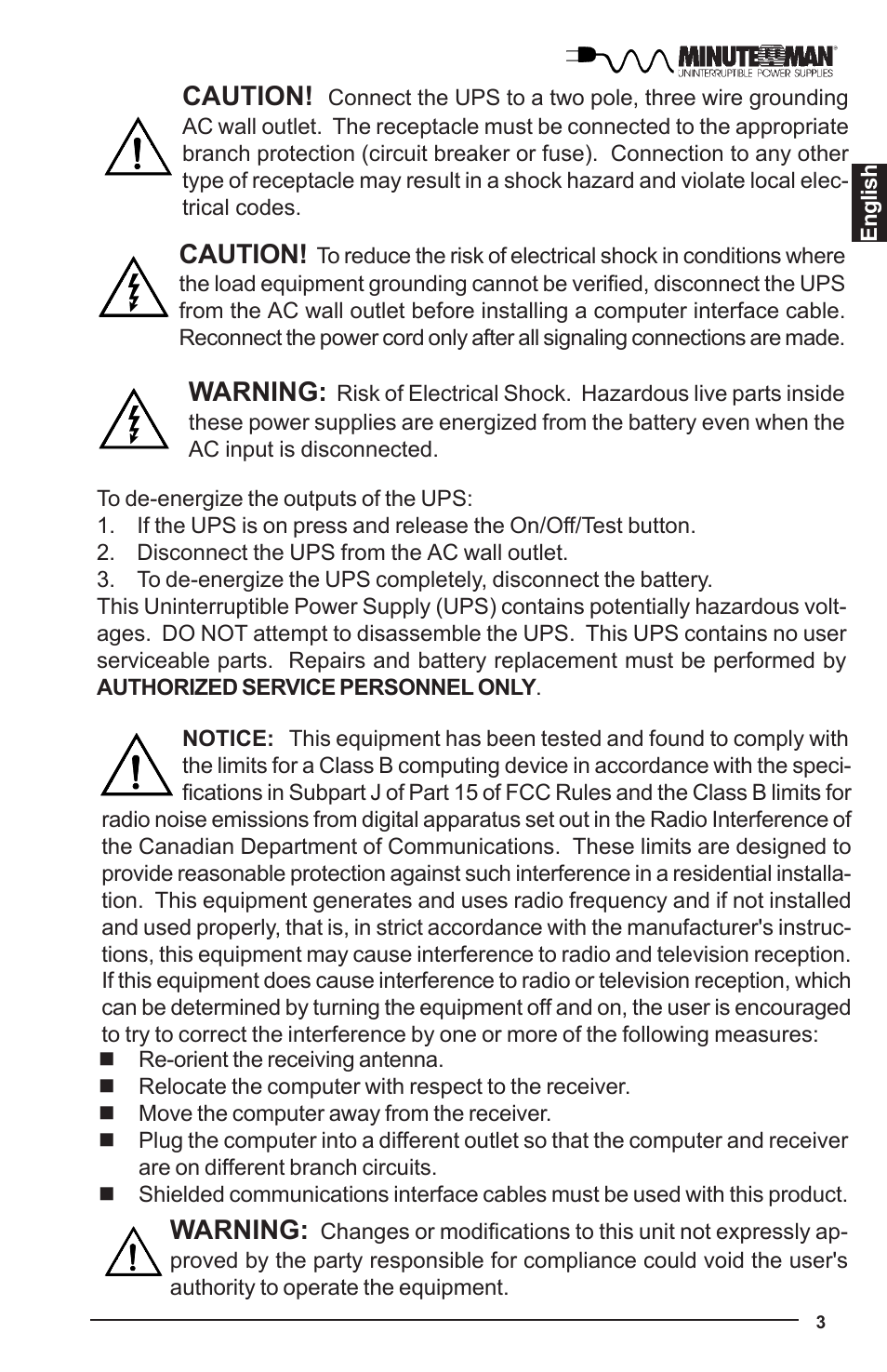 Caution, Warning | Minuteman UPS MBK-E SERIES User Manual | Page 4 / 25
