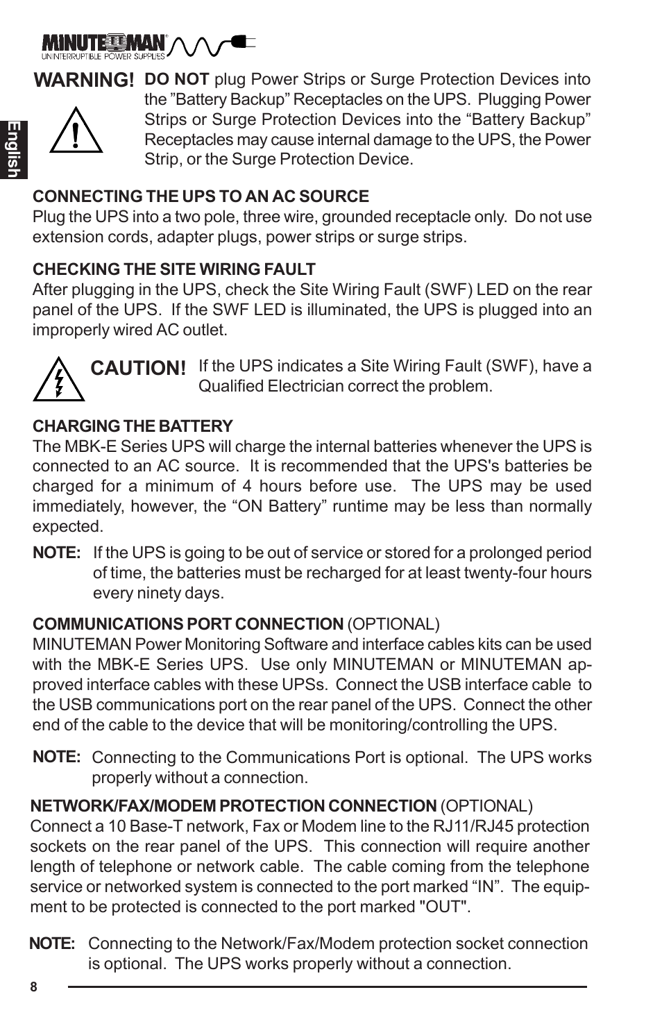 Warning, Caution | Minuteman UPS MBK-E SERIES User Manual | Page 9 / 25