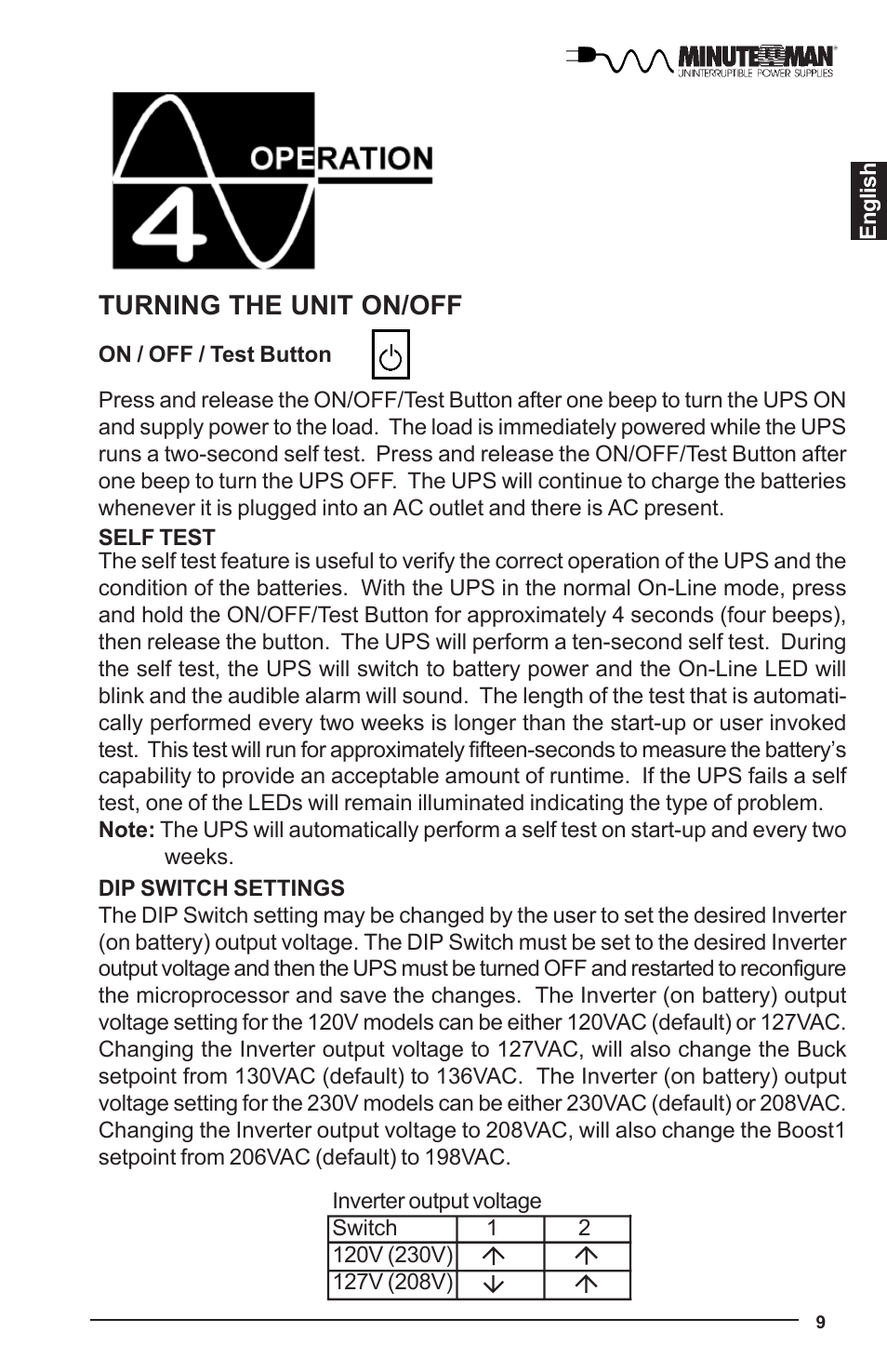 Turning the unit on/off | Minuteman UPS PRO-E User Manual | Page 10 / 24