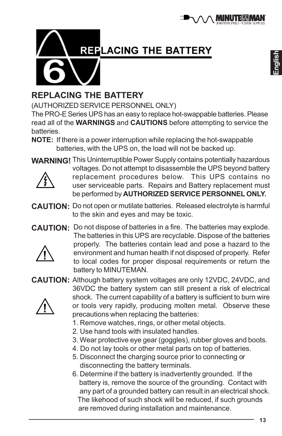 Replacing the battery | Minuteman UPS PRO-E User Manual | Page 14 / 24