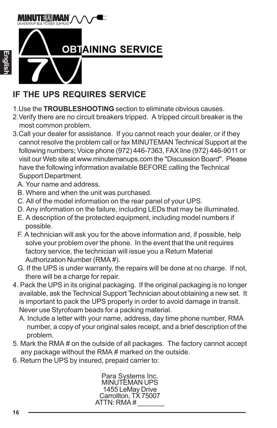 If the ups requires service | Minuteman UPS PRO-E User Manual | Page 17 / 24