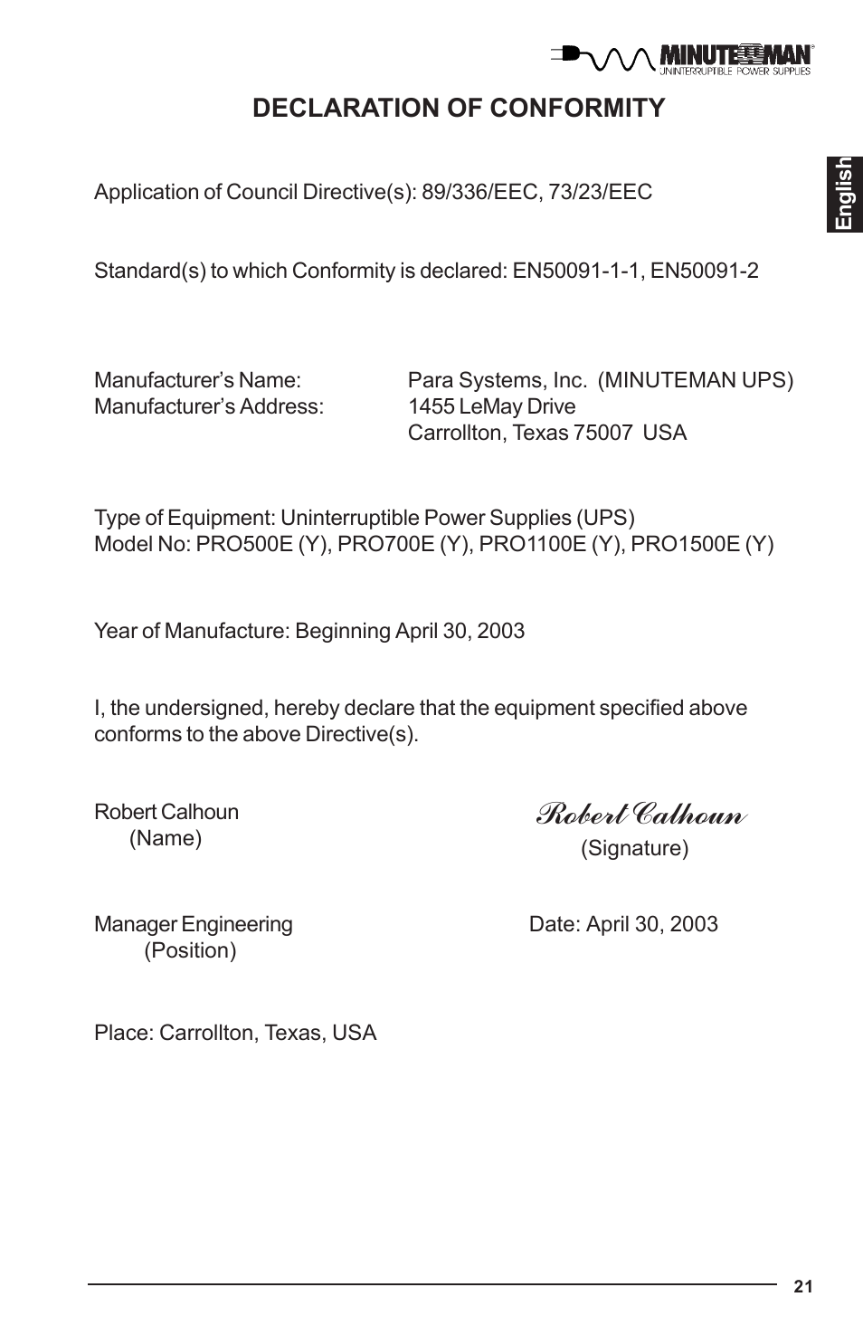 Robert calhoun | Minuteman UPS PRO-E User Manual | Page 22 / 24