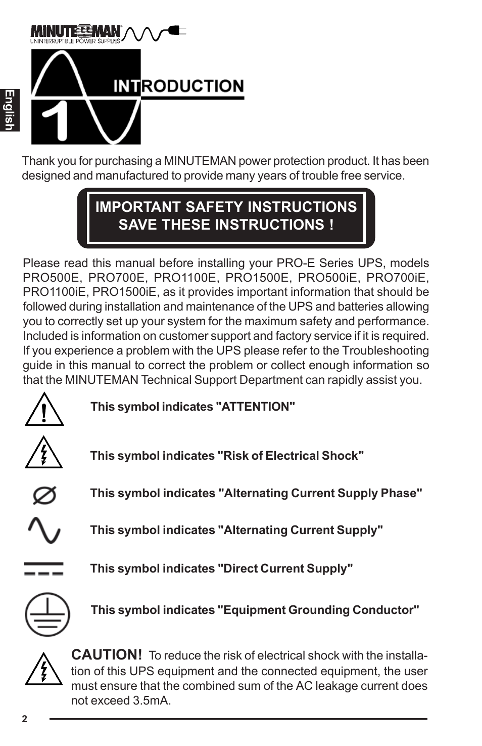 Caution | Minuteman UPS PRO-E User Manual | Page 3 / 24