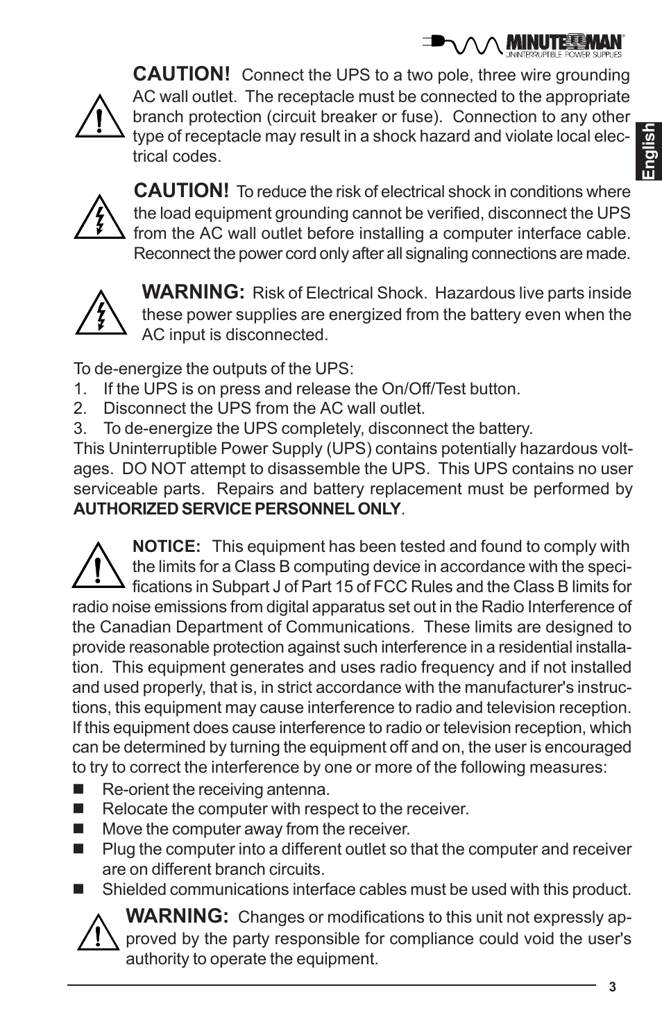 Warning, Caution | Minuteman UPS PRO-E User Manual | Page 4 / 24