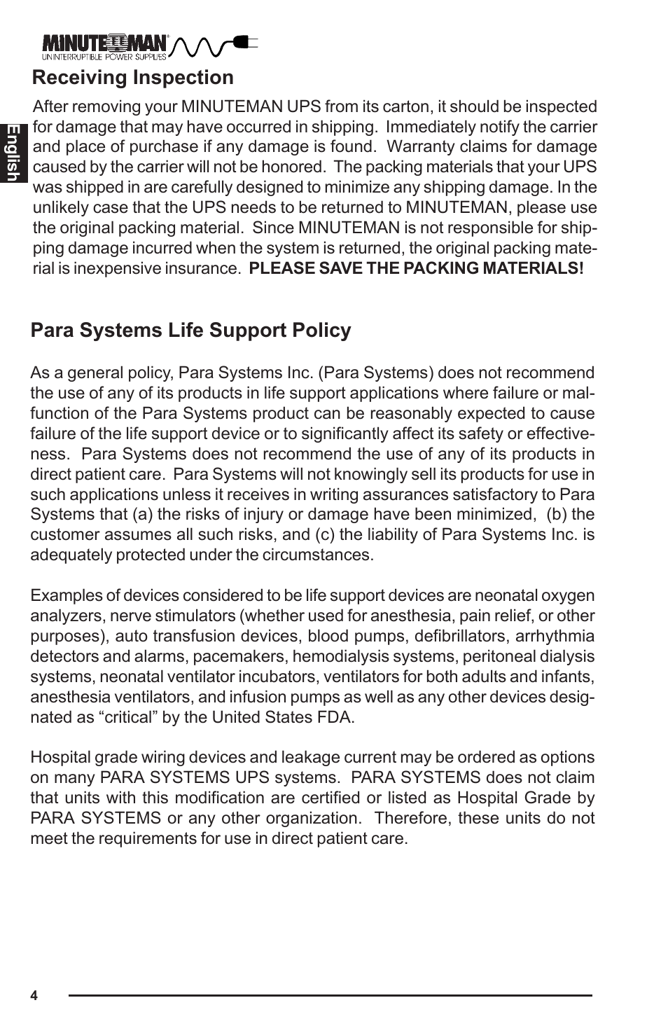 Para systems life support policy, Receiving inspection | Minuteman UPS PRO-E User Manual | Page 5 / 24