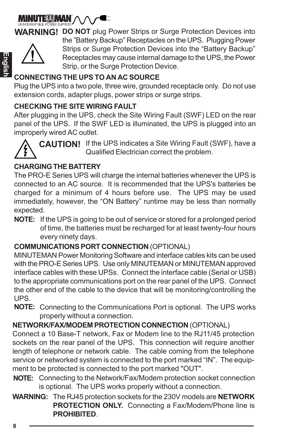 Warning, Caution | Minuteman UPS PRO-E User Manual | Page 9 / 24