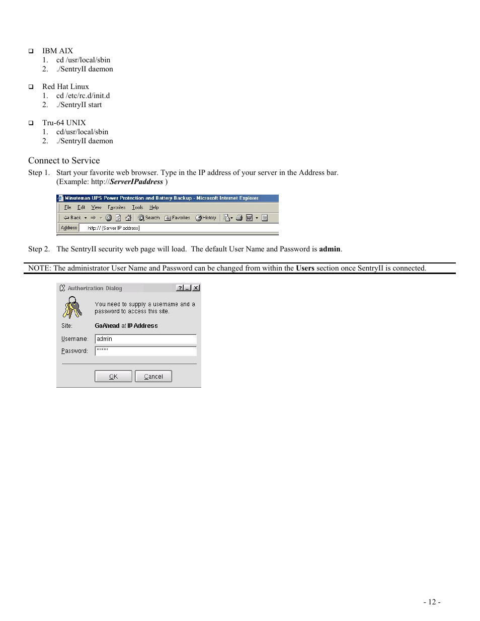 Connect to service | Minuteman UPS SentryII UPS User Manual | Page 12 / 37