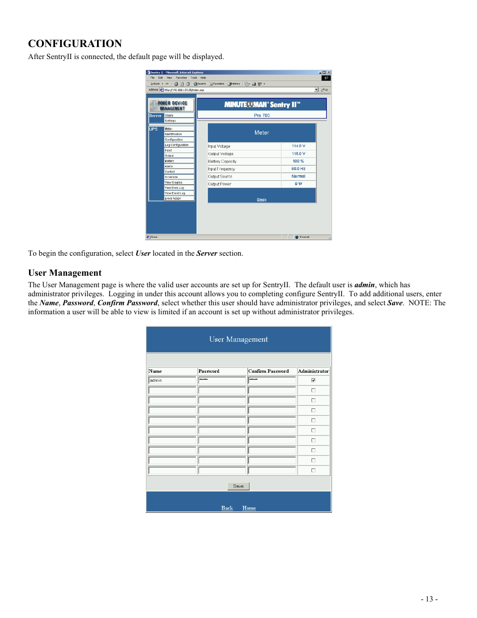 Configuration, User management, Anagement | Minuteman UPS SentryII UPS User Manual | Page 13 / 37