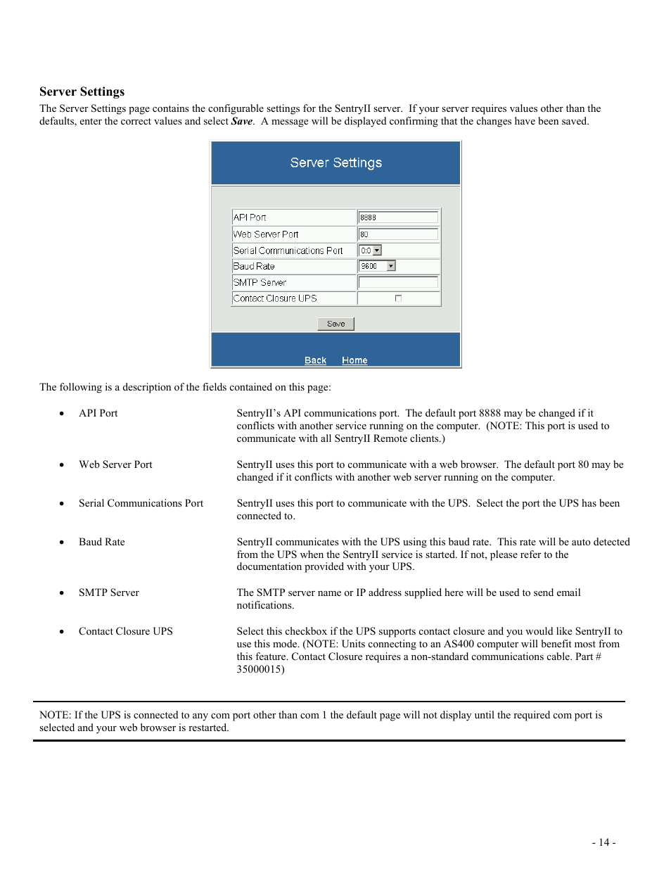 Server settings, Erver, Ettings | Minuteman UPS SentryII UPS User Manual | Page 14 / 37