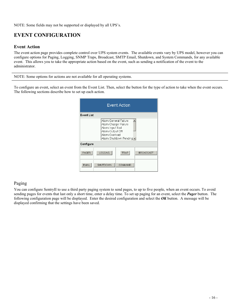 Event configuration, Event action, Paging | Vent, Ction | Minuteman UPS SentryII UPS User Manual | Page 16 / 37