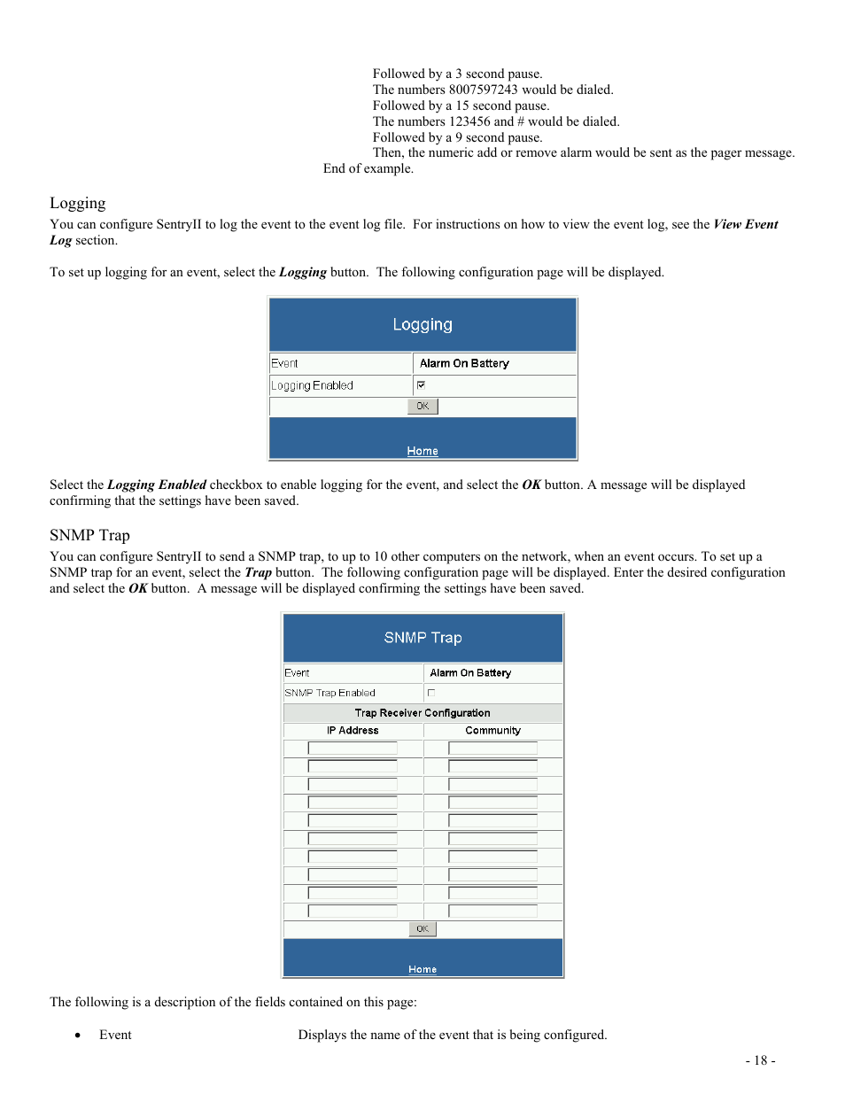 Logging, Snmp trap | Minuteman UPS SentryII UPS User Manual | Page 18 / 37