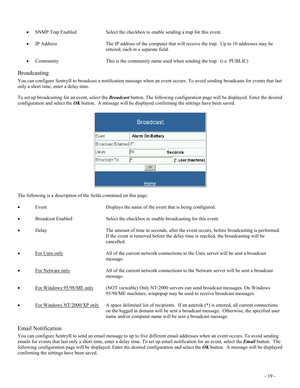 Broadcasting, Email notification | Minuteman UPS SentryII UPS User Manual | Page 19 / 37