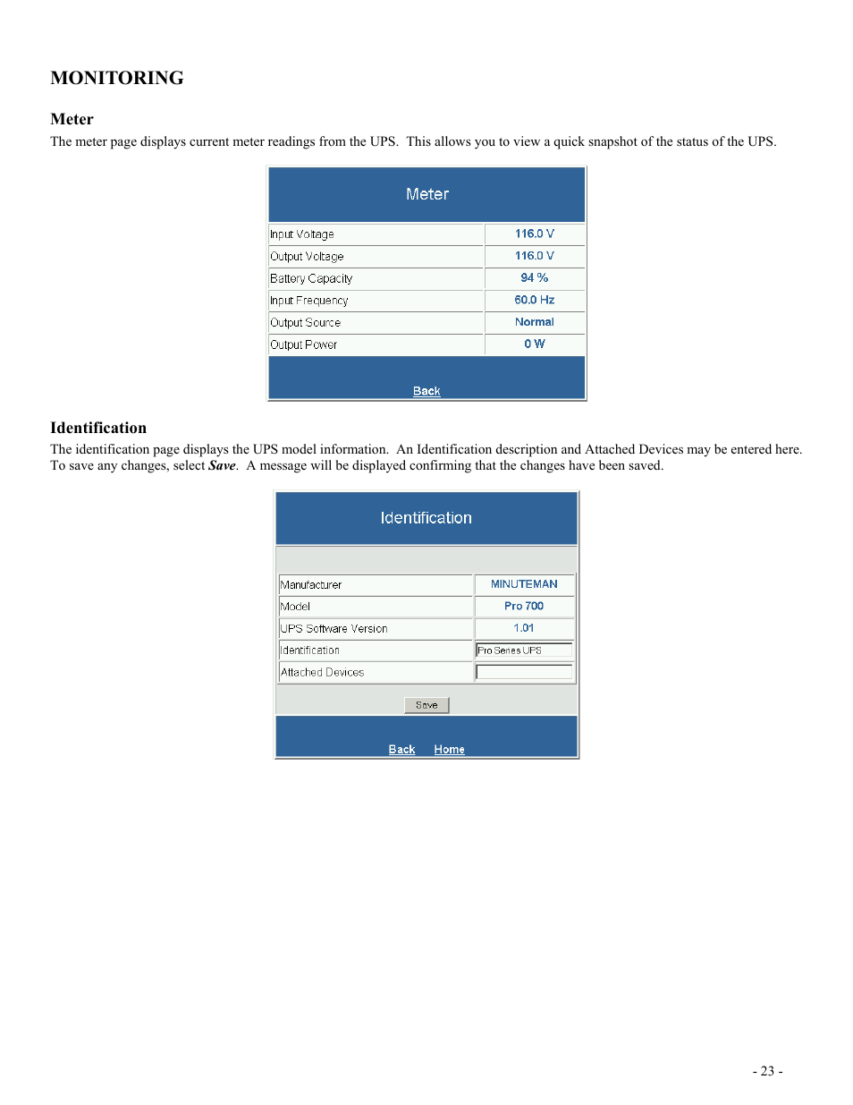 Monitoring, Meter, Identification | Eter, Dentification | Minuteman UPS SentryII UPS User Manual | Page 23 / 37