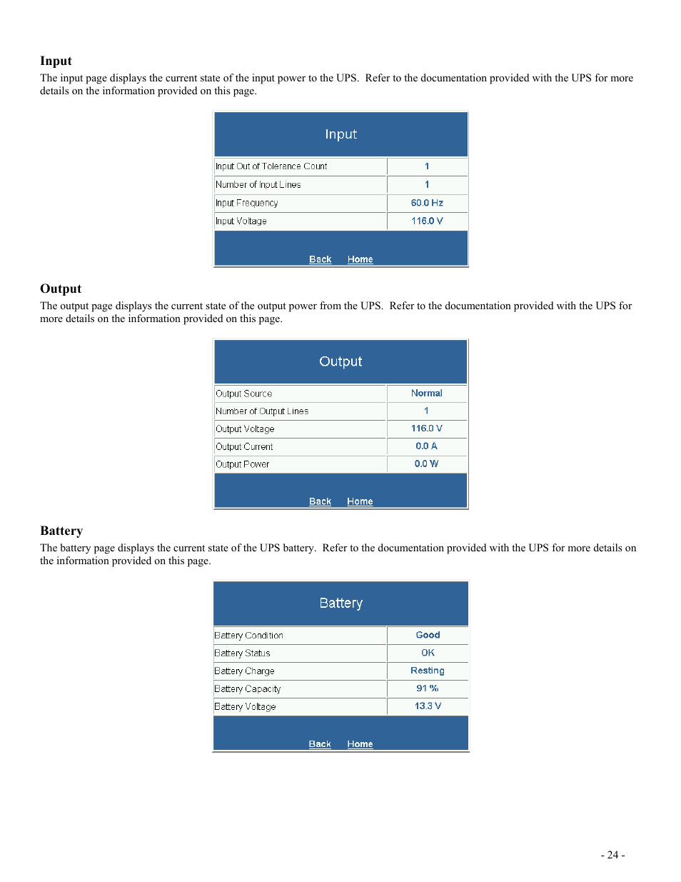 Input, Output, Battery | Nput, Utput, Attery | Minuteman UPS SentryII UPS User Manual | Page 24 / 37