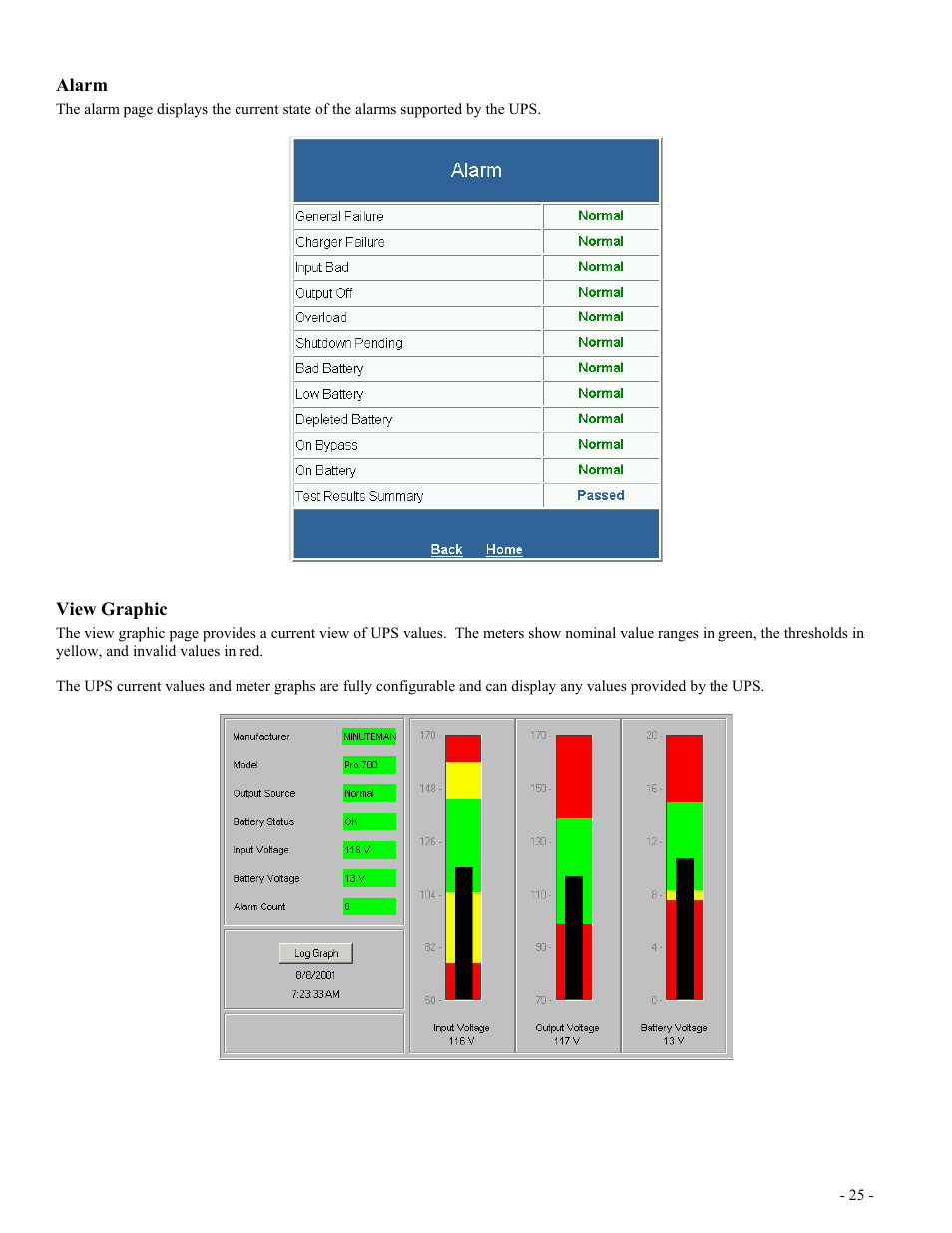 Alarm, View graphic, Larm | Raphic | Minuteman UPS SentryII UPS User Manual | Page 25 / 37