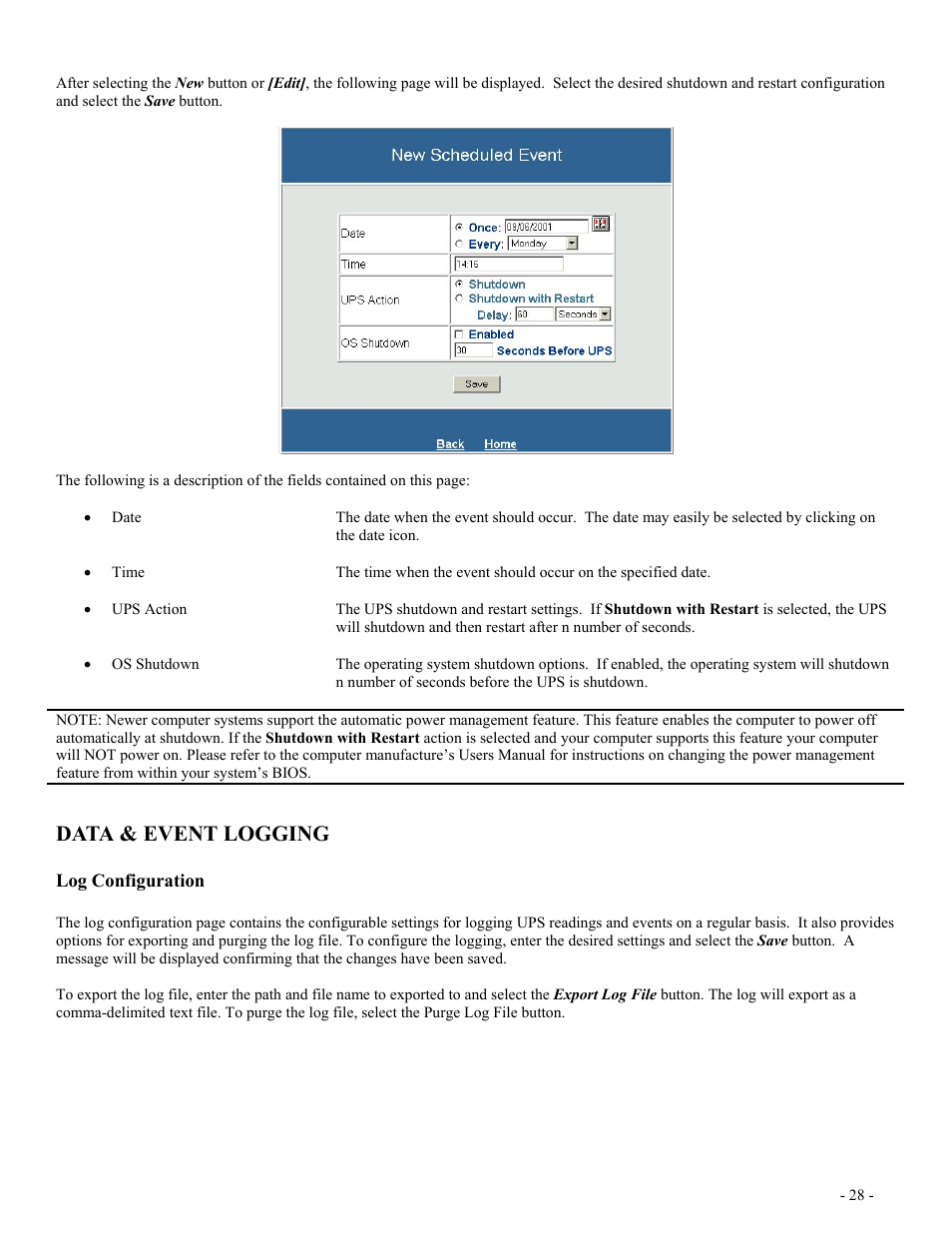 Data & event logging, Log configuration, Onfiguration | Minuteman UPS SentryII UPS User Manual | Page 28 / 37