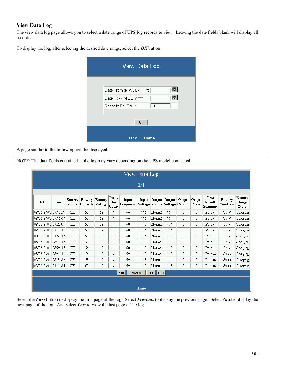 View data log | Minuteman UPS SentryII UPS User Manual | Page 30 / 37