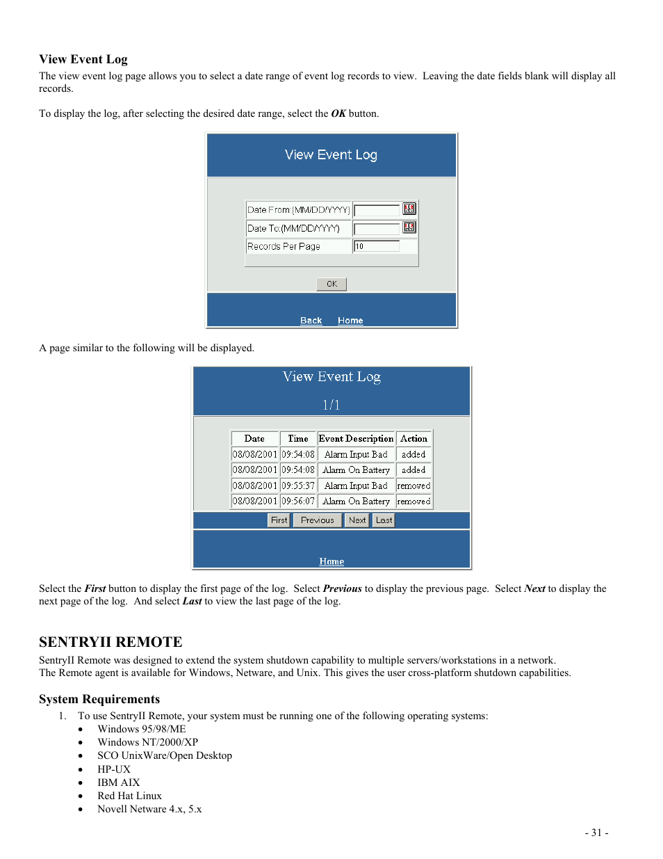 View event log, Sentryii remote, System requirements | Vent, Ystem, Equirements | Minuteman UPS SentryII UPS User Manual | Page 31 / 37