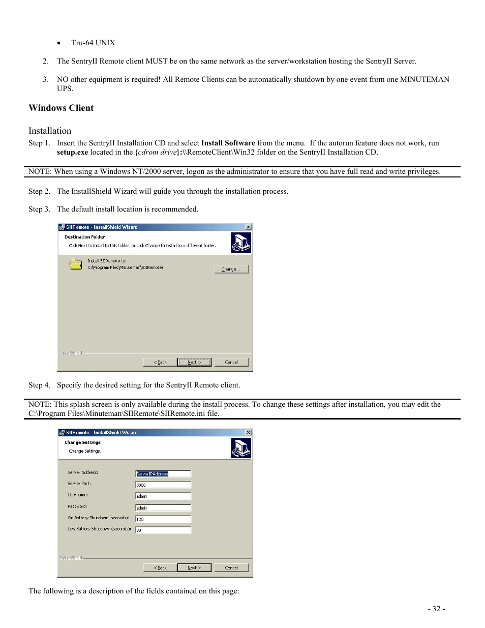 Windows client, Installation, Indows | Lient | Minuteman UPS SentryII UPS User Manual | Page 32 / 37